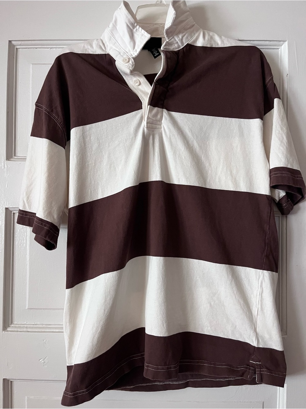 H&M Brown and White Striped Rugby Polo Oversized Fit Small